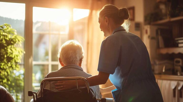 Two older adults using a tablet together in a bright, comfortable communal living area.